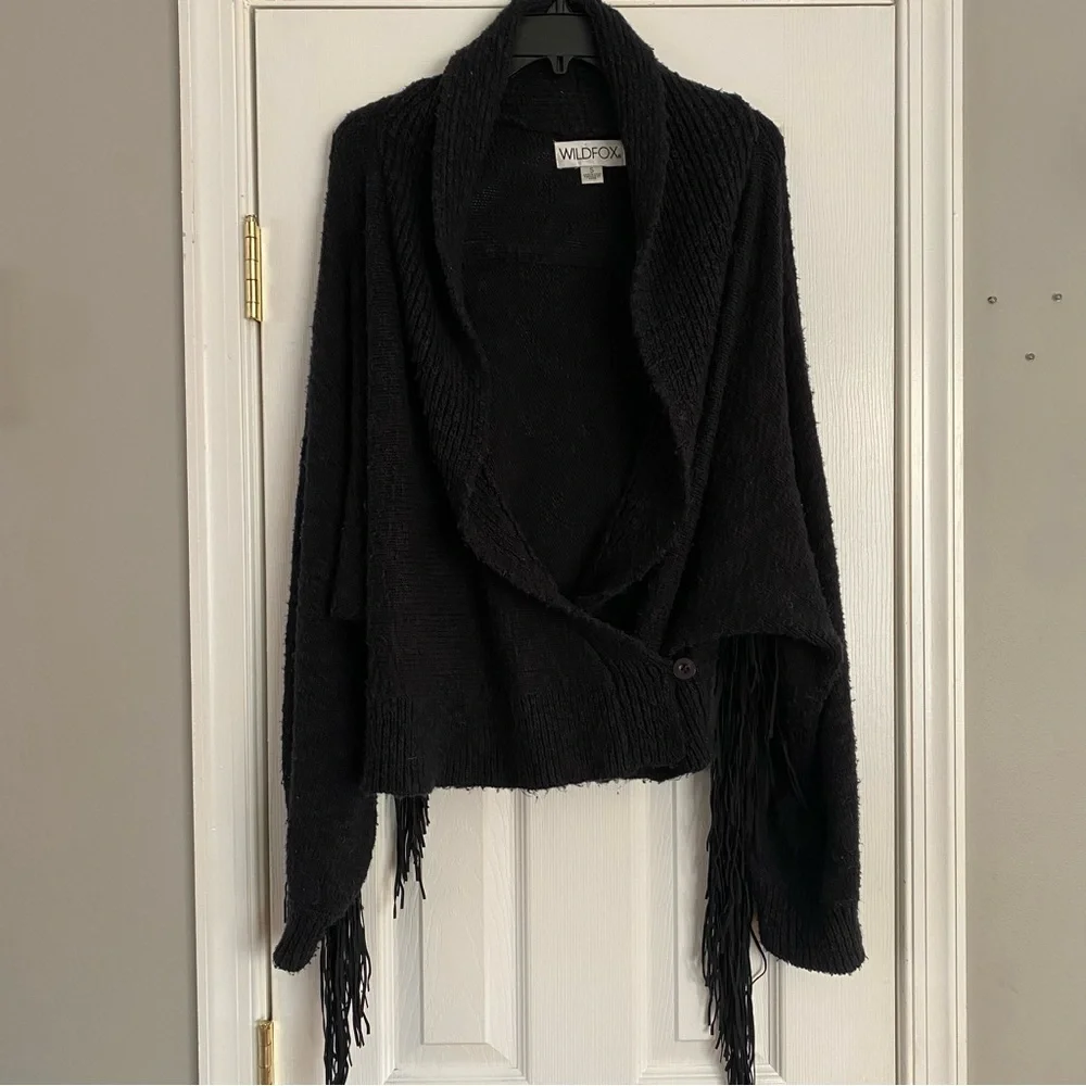 Wildfox Fringe Marishka Cardigan Cotton Rich Knit Sweater Small Black